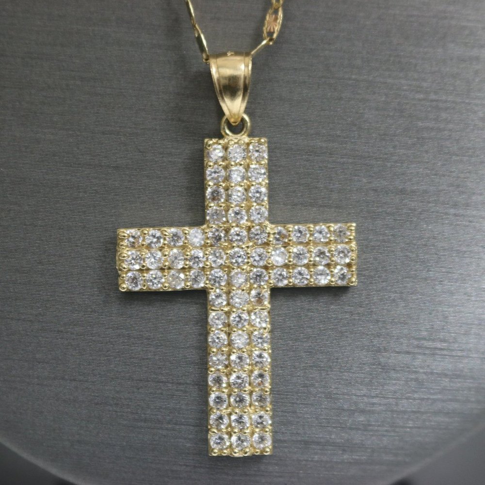 14kt White Sapphire Cross Pendant with 14kt Hollow Mariner Chain